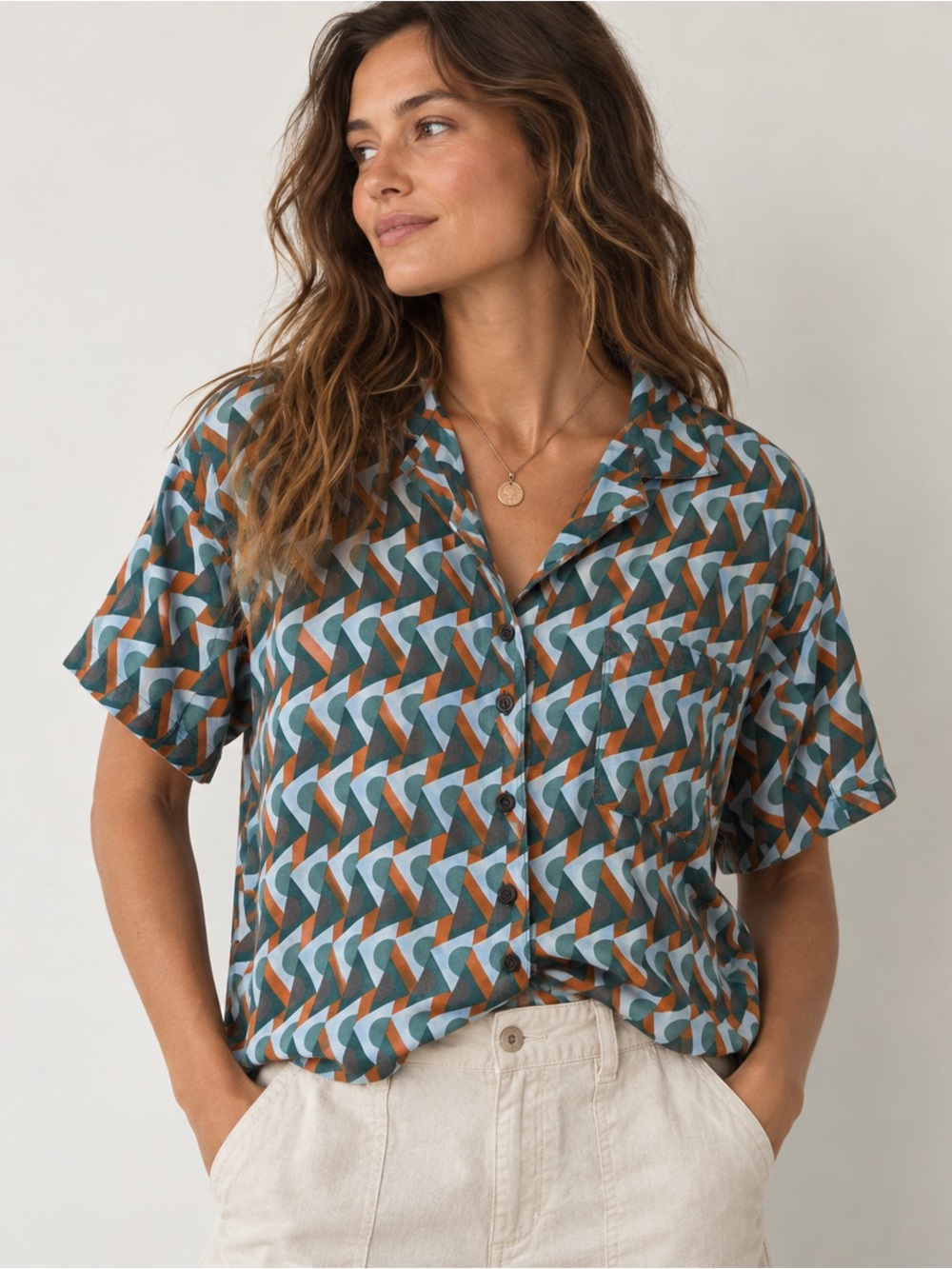 prAna Geometric Print TENCEL Modal Short Sleeve Button Up Shirt Medium